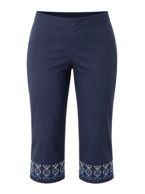 REQ Size 14 Navy Blue Embroidered Floral Capri Pants Coastal Preppy Resort Beach